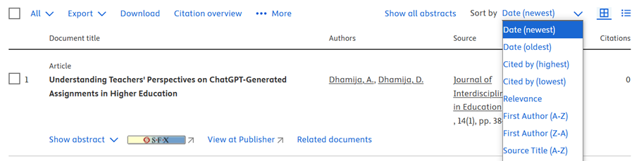 Sorteerimisvõimalused andmebaasis Scopus